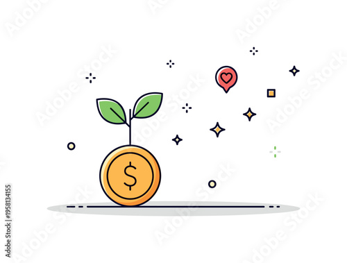 Economic empowerment concept small plant growing from a coin while tiny star icons suggest financial opportunity and gradual improvement of living standards.