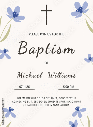 Christian Baptizing Invitation with religious cross, text and blue flowers. Vector template