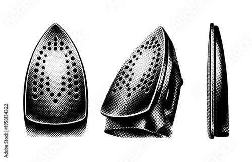Iron soleplate detail A realistic iron soleplate with steam holes shown in three views: bottom view, angled bottom view, and side thickness view, emphasizing