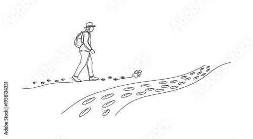 Wildlife Trail Tracking. Minimalistic one-line drawing person walking along animal trail observing signs of predator presence, continuous single black line on