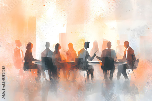 Business meeting with several people discussing ideas in a bright office space