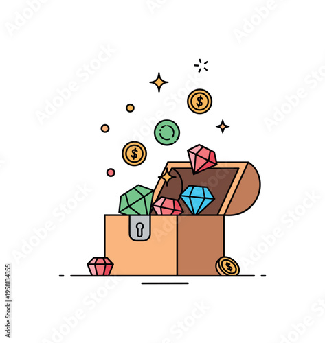 Digital loot chest a compact treasure box with colorful gems and coins rising from inside while small stars highlight the excitement of unlocking virtual