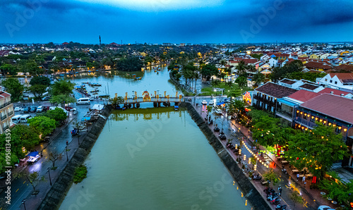 Aerial view of Hoi An Old Town on Thu Bon river, Vietnam