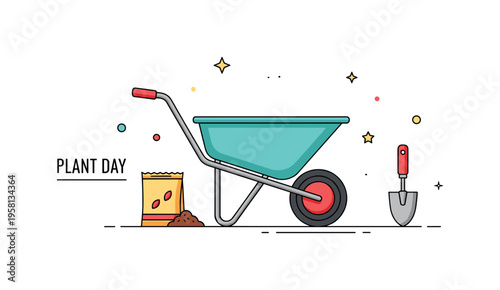 Wheelbarrow ready for planting empty garden wheelbarrow waiting beside a small packet of seeds and a hand trowel. A subtle label Plant Day suggests preparation