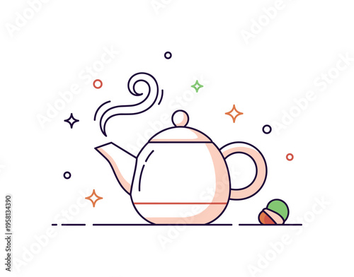 Tea pot ceramic teapot with a gentle swirl of steam representing traditional tea culture and peaceful daily routines. Decorative sparkles highlight warmth and