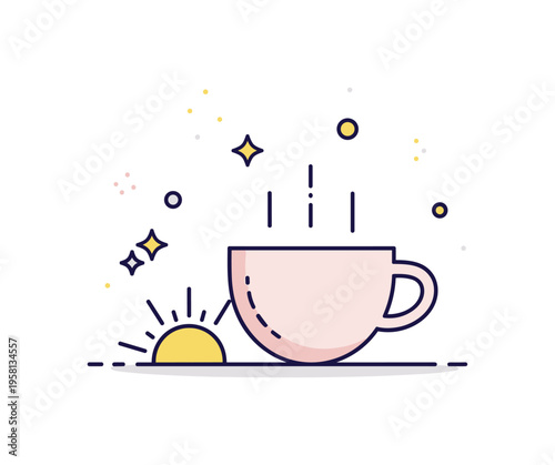Uplifting morning routine depicted by a coffee cup icon paired with a small rising sun and sparkle accents, symbolizing fresh starts and cheerful daily
