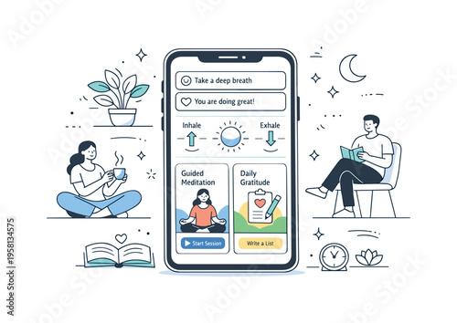 Mental health app interface. A smartphone displaying calming notifications, breathing icons, and resource cards. A modern editorial scene about guided support