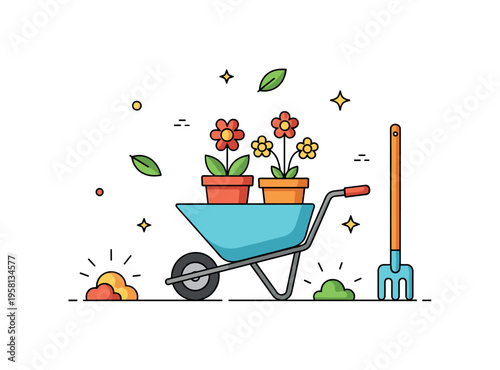 Garden wheelbarrow with plants small wheelbarrow carrying potted flowers and garden tools while a few leaves fall nearby. The scene reflects cheerful gardening