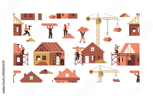 home construction site seamless pattern, builders carrying materials, using tools, cranes lifting bricks, scaffolds and workers assembling homes arranged in a