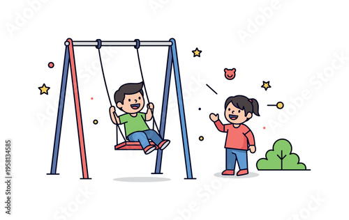 Childhood playground moment a joyful kid flying forward on a swing while another child waits nearby with excitement. Playful composition highlighting