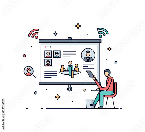 Smart meeting room technology digital presentation screen with small participant icons and wireless connection symbols suggesting remote collaboration and