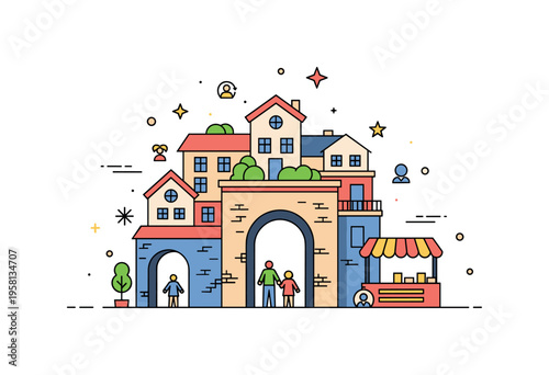 Architecture shaping daily life compact historic street with houses, archways and a small market stand reflecting community interaction and everyday urban