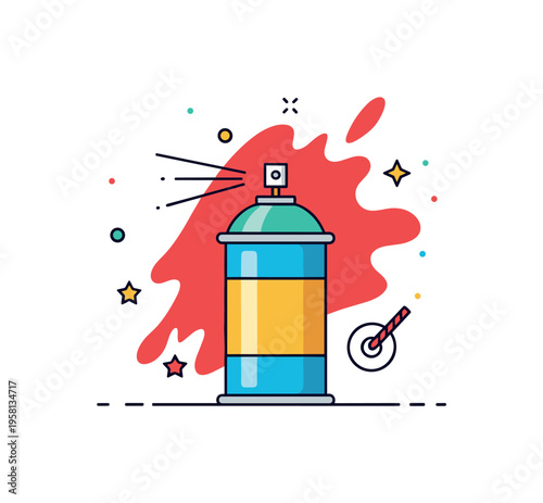 Street art culture illustrated by a bold spray paint can with dynamic paint splash shape behind it, capturing creative rebellion and urban expression in a