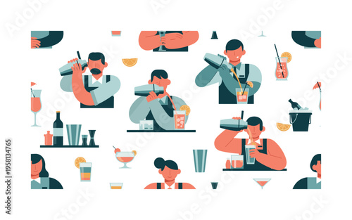 bar cocktail preparation seamless pattern, bartenders mixing drinks with shakers pouring cocktails and adding citrus garnishes arranged in a repeating pattern,