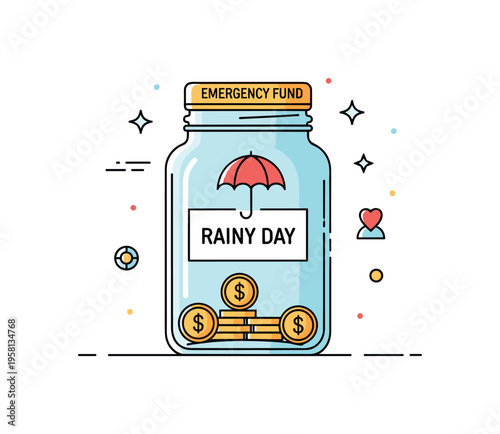 Emergency fund jar glass jar labeled Rainy Day with a small umbrella icon and coins inside, conveying preparedness and financial resilience. A practical