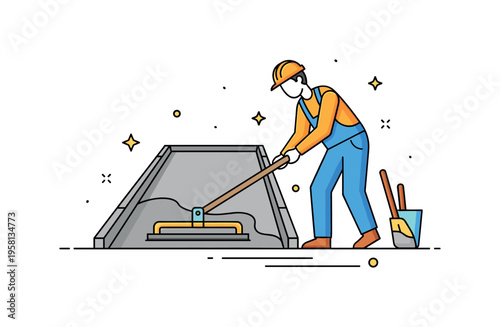 Sidewalk concrete installation illustrated through a worker tool smoothing a freshly poured pathway section, conveying finishing touches and urban