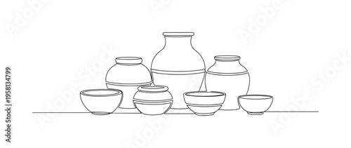 Decorative Pot Ensemble. Minimalistic one-line drawing variety of ceramic pots and small bowls placed together for visual balance, continuous single black line