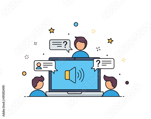 Professional webinar discussion featuring a laptop screen with a speaker icon while audience members ask questions through small message bubbles. The scene
