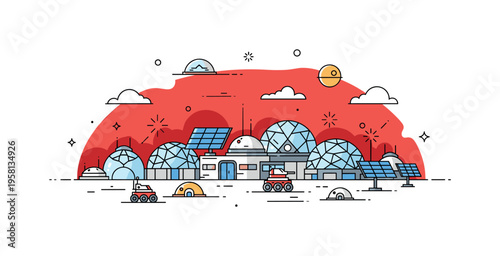 Martian colony with multiple habitat domes, solar panels, and rovers under a red sky representing futuristic settlement, space innovation, and human expansion.