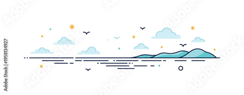 Minimal sea horizon landscape smooth ocean line stretching across the scene while small birds and soft clouds decorate the sky. Simple coastal composition