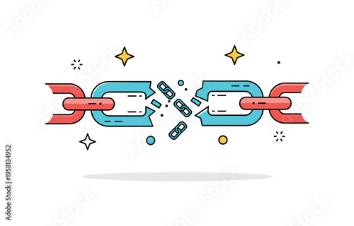 Separation chain being broken in the middle representing freedom, separation, and detachment from constraints or bonds. Decorative stars and tiny chain icons