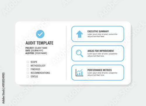 An infographic displays a business audit template with executive summary, ideas for improvement, and performance metrics on a document.