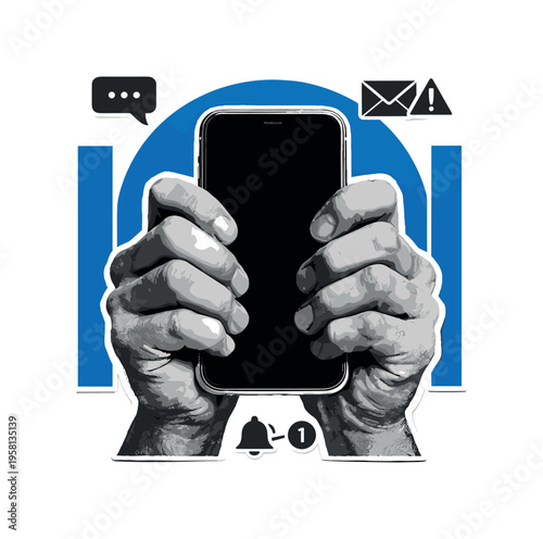 Black and white vintage-textured hands gripping a smartphone tightly, screen facing viewer, reaction implied through tension in fingers, layered with blue