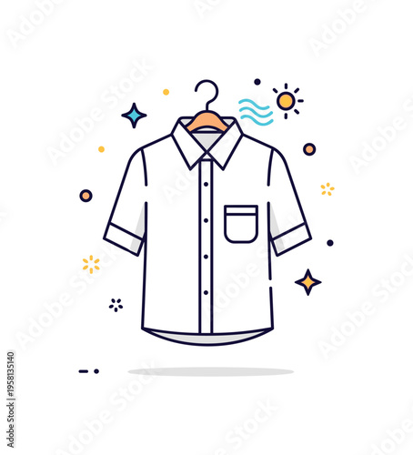 White cotton shirt wardrobe staple shown hanging neatly with subtle sparkle accents and a tiny sun icon suggesting freshness after laundry. The