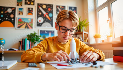 Young boy building a model rocket at a desk with colorful posters  