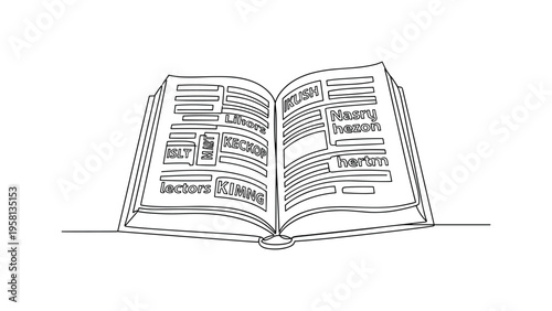 Open Book With Words. Minimalistic one-line drawing open book with visible lines or words illustrating literacy, continuous single black line on