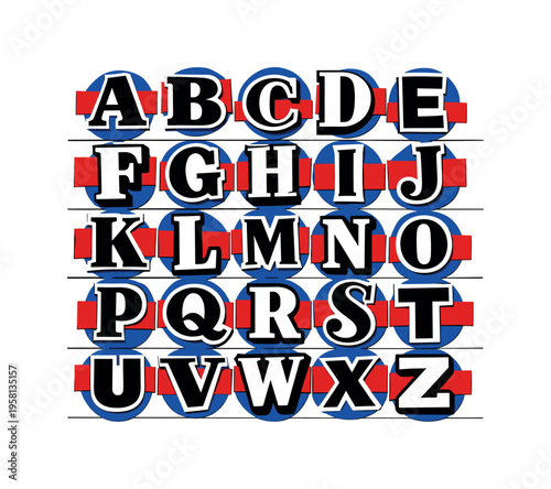 Black and white mixed-font alphabet stickers arranged in a tight square grid, each letter styled like a retro magazine cut-out with bold white outline edges,