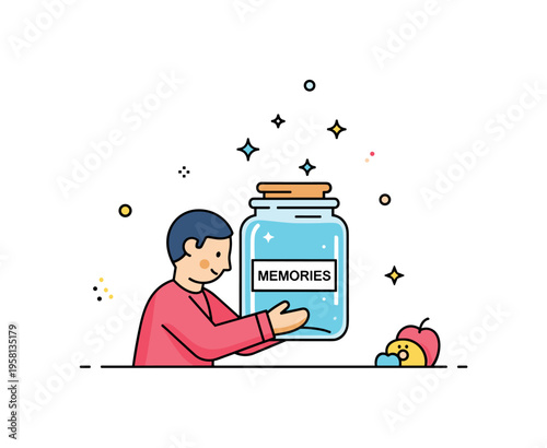 Precious memory symbolized by a glowing jar labeled ?Memories? carefully held by a figure while tiny sparkles drift upward. The gentle scene reflects
