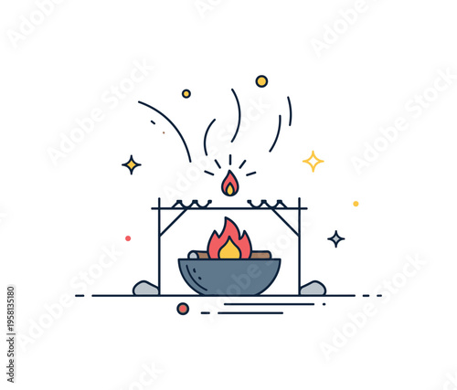 Flicker of a tiny spark over a minimal fire pit with subtle curved motion lines and decorative dots, evoking warmth and gentle energy in a calm