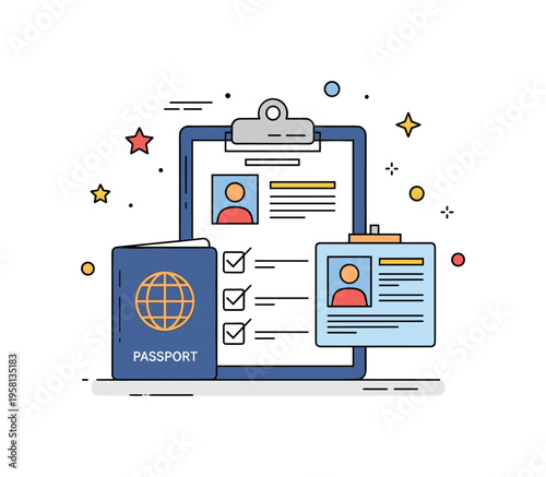 Travel documentation checklist clipboard with passport, photo ID, and small check marks representing preparation of required documents for international visa