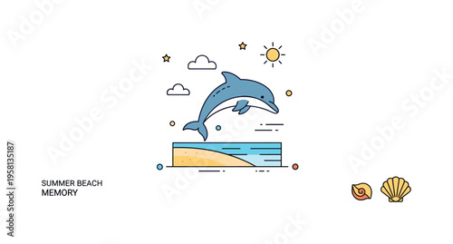 Summer beach memory dolphin jumping near a minimal shoreline with a tiny sun and shell icon in the corner, evoking vacation joy. A bright and friendly concept