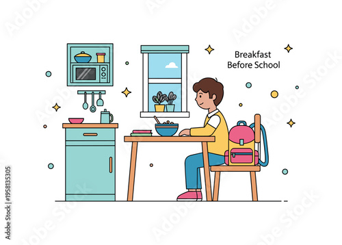 Breakfast before school showing a child sitting at a small kitchen table with a bowl of cereal while a backpack rests on a nearby chair. The warm everyday