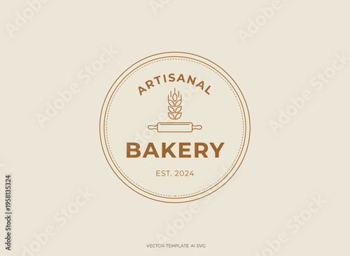 A logo showcases artisanal bakery emblem with rolling pin and wheat