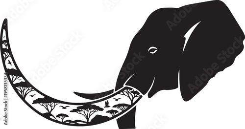 Black and white elephant with decorative tusk illustration art