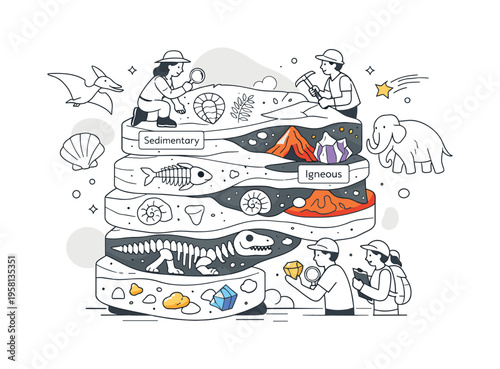 Geology. Rock layers stacked like a timeline, fossils and minerals embedded inside, sense of deep time and discovery. Subtle motion with floating particles and