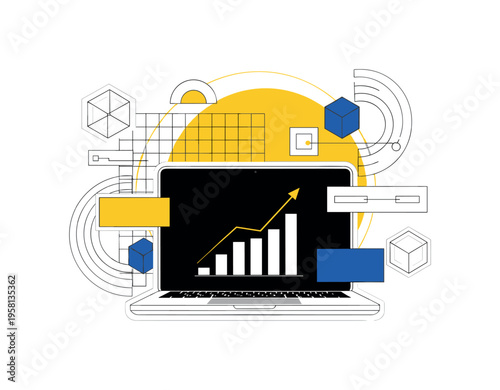 black and white laptop with rising bar chart on the screen symbolizing efficiency and productivity, large yellow circle behind the laptop representing energy