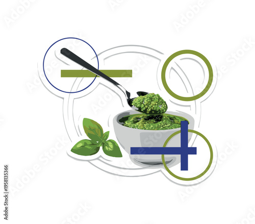 black and white spoon scooping vibrant pesto from a bowl with basil leaves nearby, white cut-out outline around objects, circular halos and abstract graphic