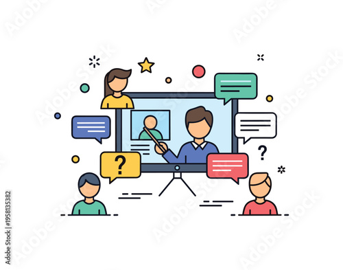 Virtual audience engagement interactive webinar where a presenter shares content on a screen while audience icons respond with question marks and message