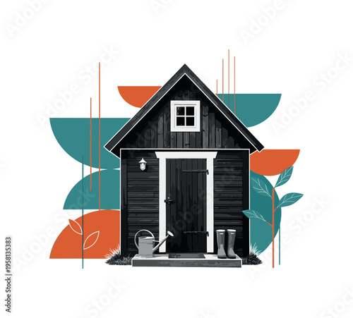 black and white rustic dacha cottage with watering can and gardening boots by the door, white contour outline, abstract semicircles and thin vertical lines