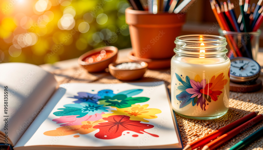 Fototapeta premium Colorful watercolor painting next to a candle on a table outdoors
