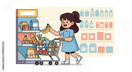 Young Girl Shopping for Groceries in Store.