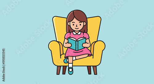 Young Girl Reading Book on Yellow Chair.