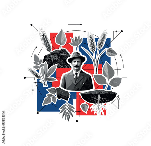 retro conceptual collage of agronomist figure surrounded by wheat, leaves and soil elements, black and white realistic objects with white cut-out outline,