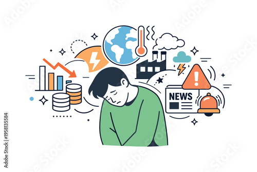 Polycrisis anxiety. A person surrounded by overlapping icons of economy, climate, and news alerts, gently leaning inward to show emotional overload. Calm but