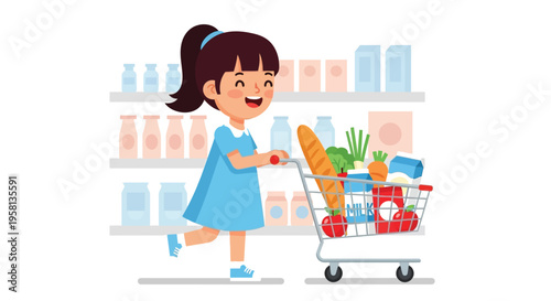 Young Girl Shopping with Grocery Cart.