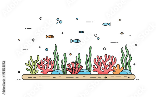 Aquatic ecosystems underwater scene where coral shapes, sea plants, and a few small fish form a calm balanced marine environment symbolizing biodiversity and